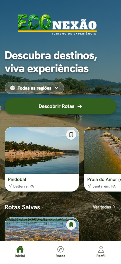 Tela inicial do aplicativo ECOnexão com destinos e rotas da Amazônia
